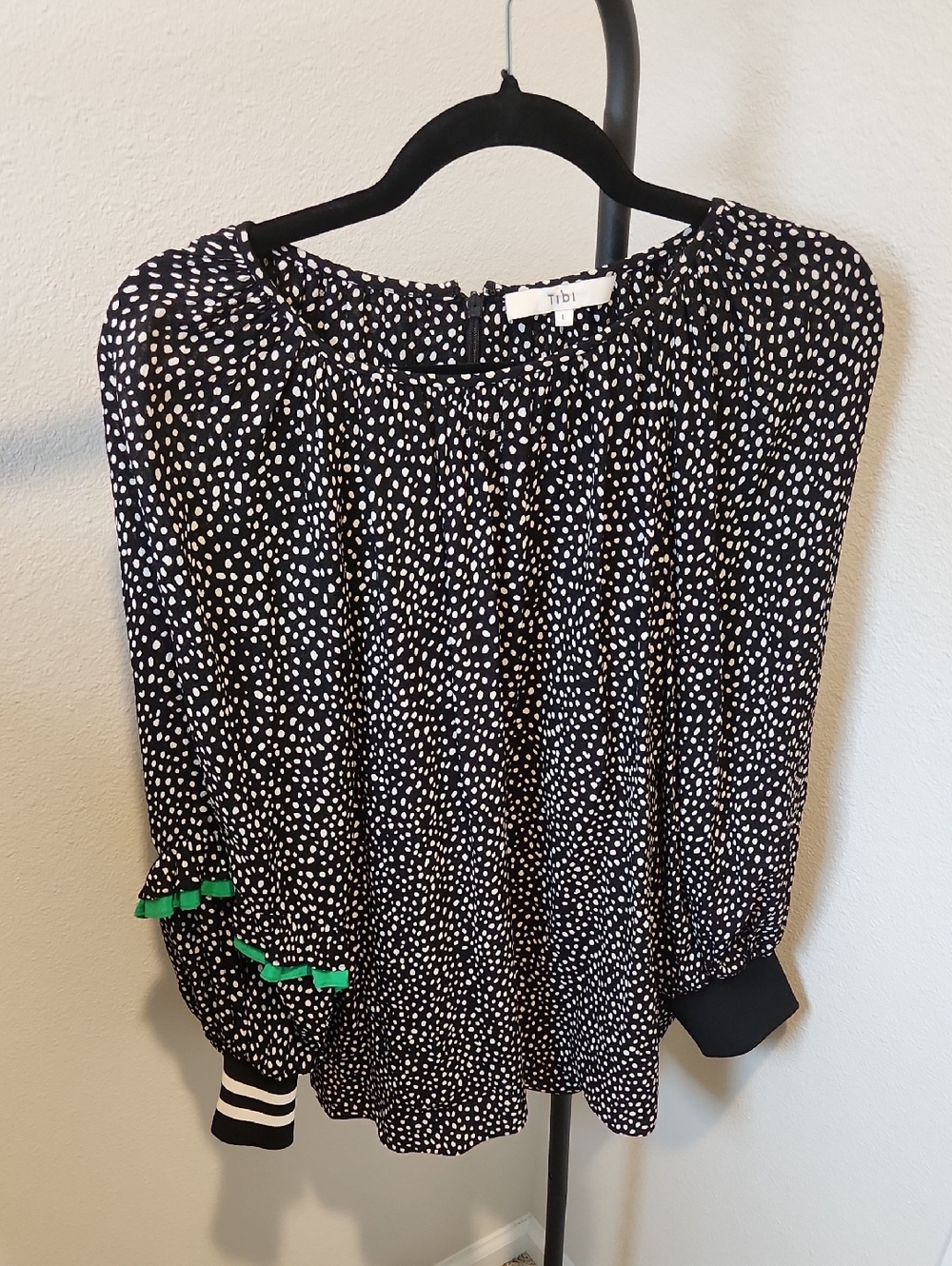 Tibi Black and White Dot Blouse with Green Trim